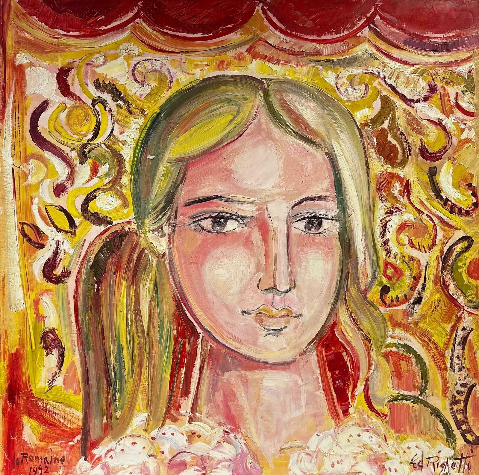 édouard Righetti (1924 2001)huge French 20thc Modernist Oil Painting   Portrait Of Blonde Lady Pink Swirls