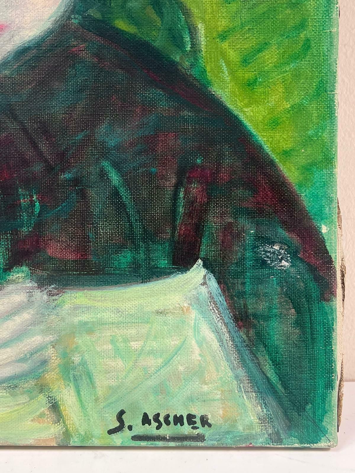 S.Ascher1950's French Modernist Signed Oil Painting Portrait Of Young Lady In Green1950's photo for sale