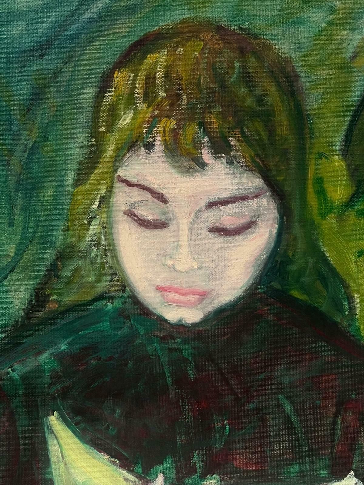 S.Ascher1950's French Modernist Signed Oil Painting Portrait Of Young Lady In Green1950's photo Art