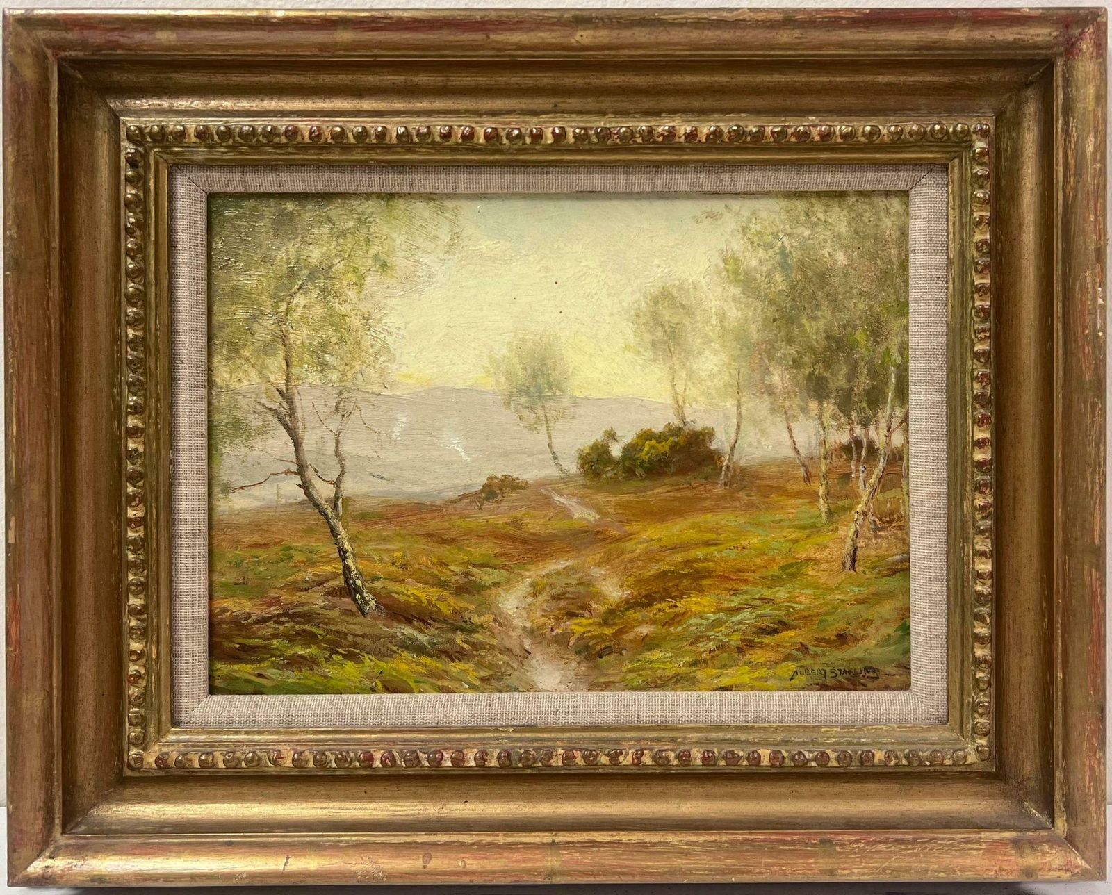 English Antique Oil Golden English Landscape Signed Oil Painting Antique Original In Gilt Frame
