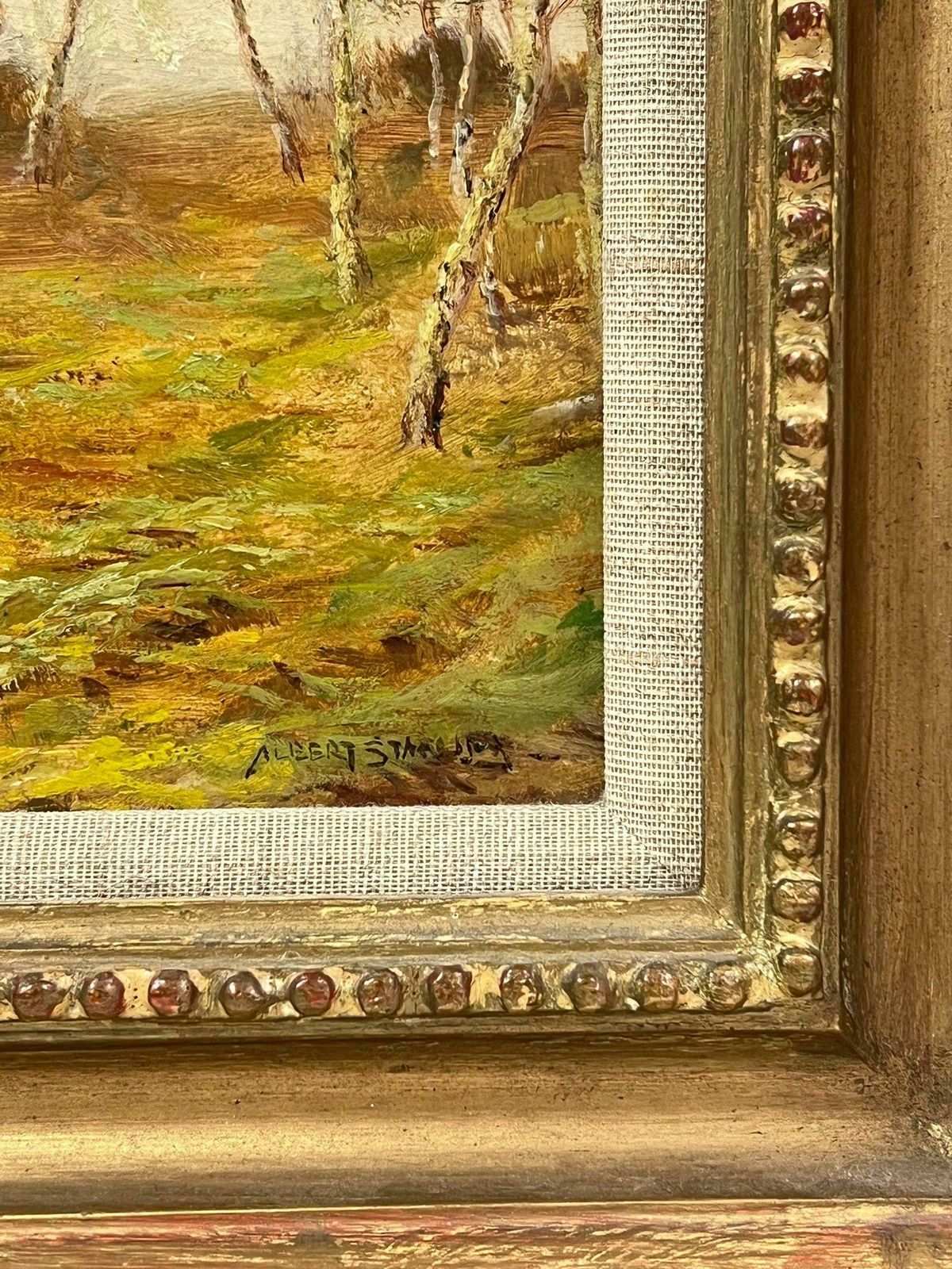 English Antique Oil Golden English Landscape Signed Oil Painting Antique Original In Gilt Frame photo for sale