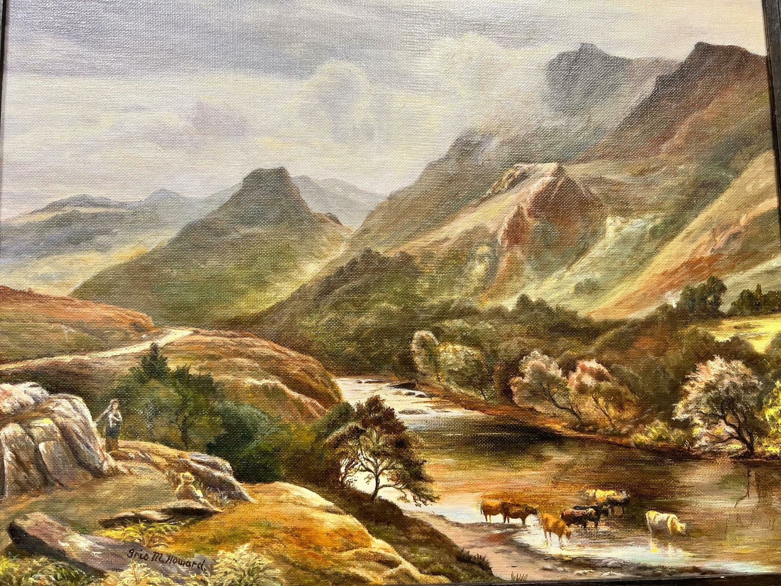English Schoolbeautiful English Signed Oil Painting Majestic Hills Lake District Landscape photo for sale