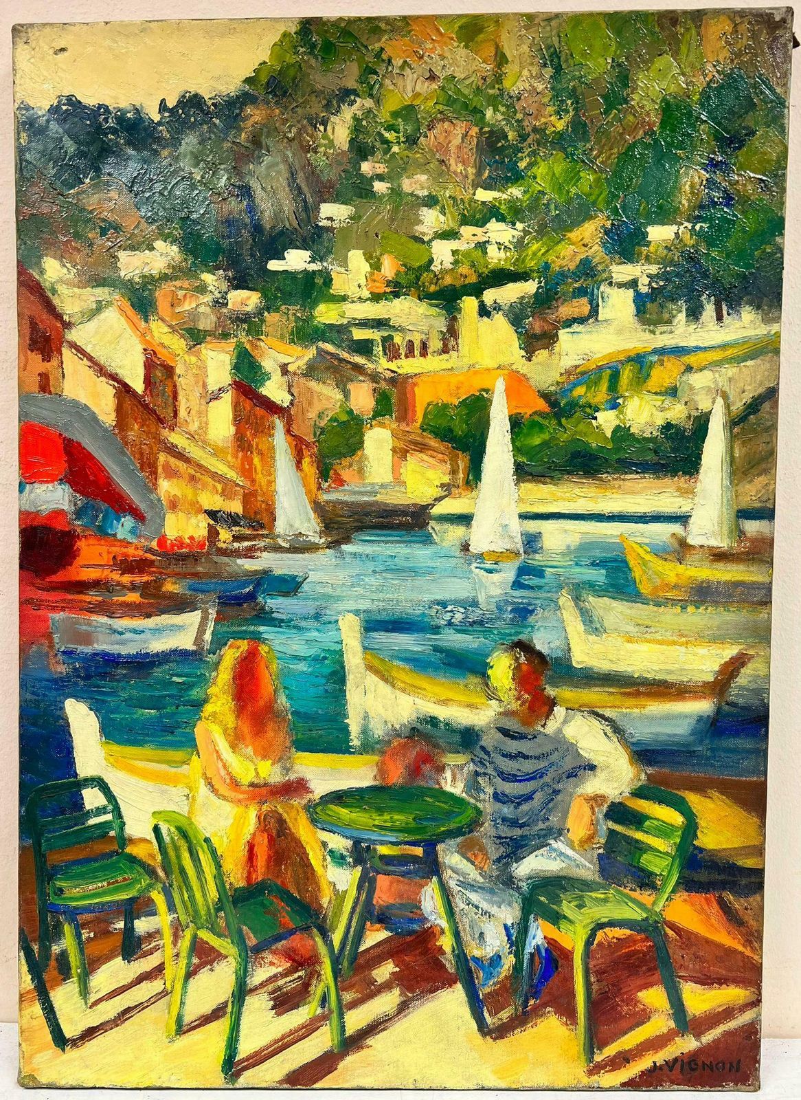 Josine Vignoncouple Dining By The Vibrant Cagnes Sur Mer Harbour French Signed Oil 1960's photo furniture
