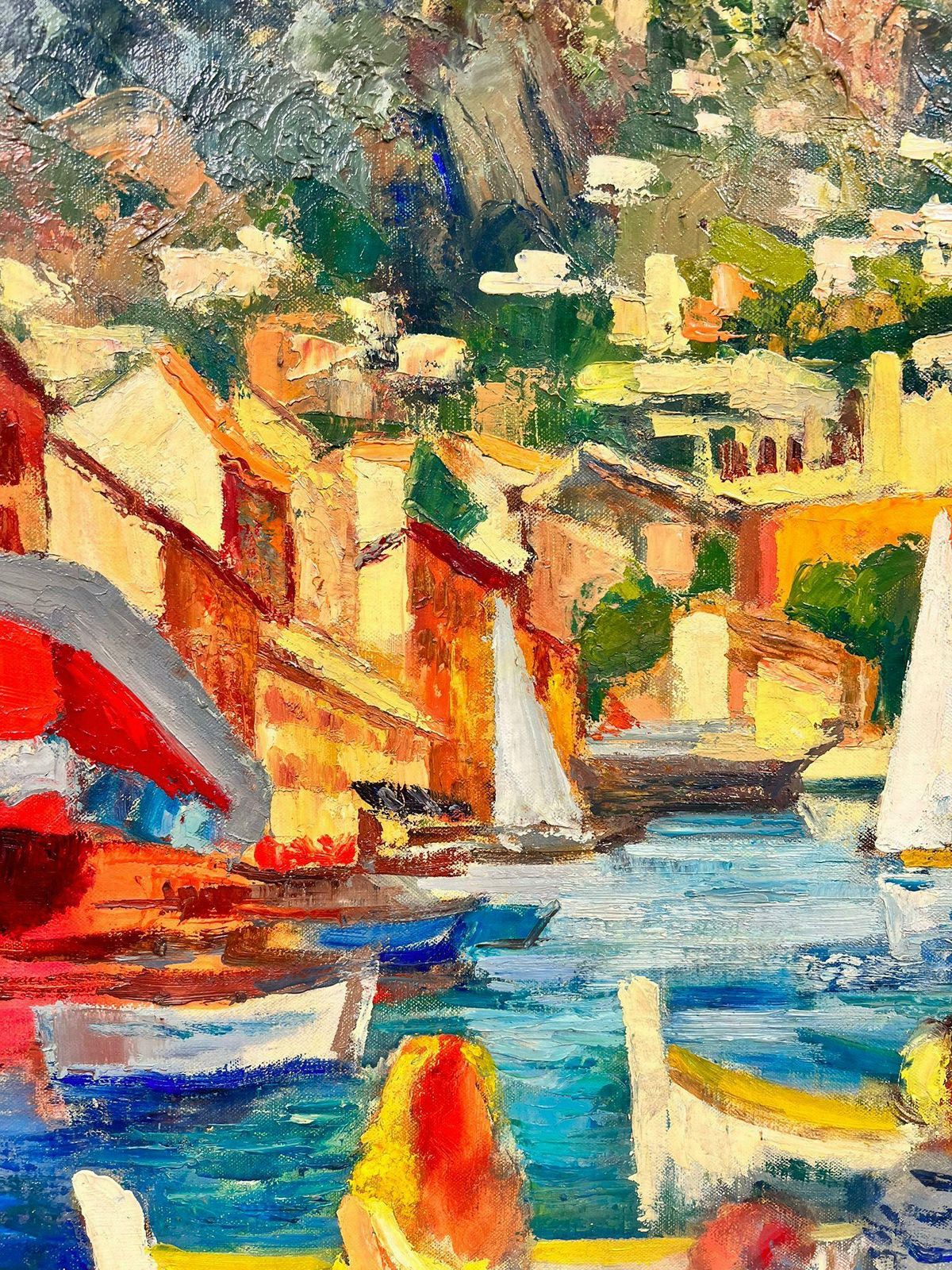 Josine Vignoncouple Dining By The Vibrant Cagnes Sur Mer Harbour French Signed Oil 1960's photo Art