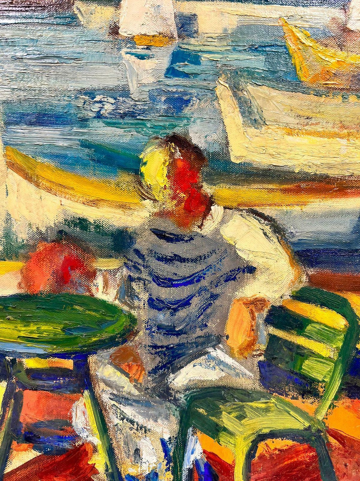 photo for sale Josine Vignoncouple Dining By The Vibrant Cagnes Sur Mer Harbour French Signed Oil 1960's