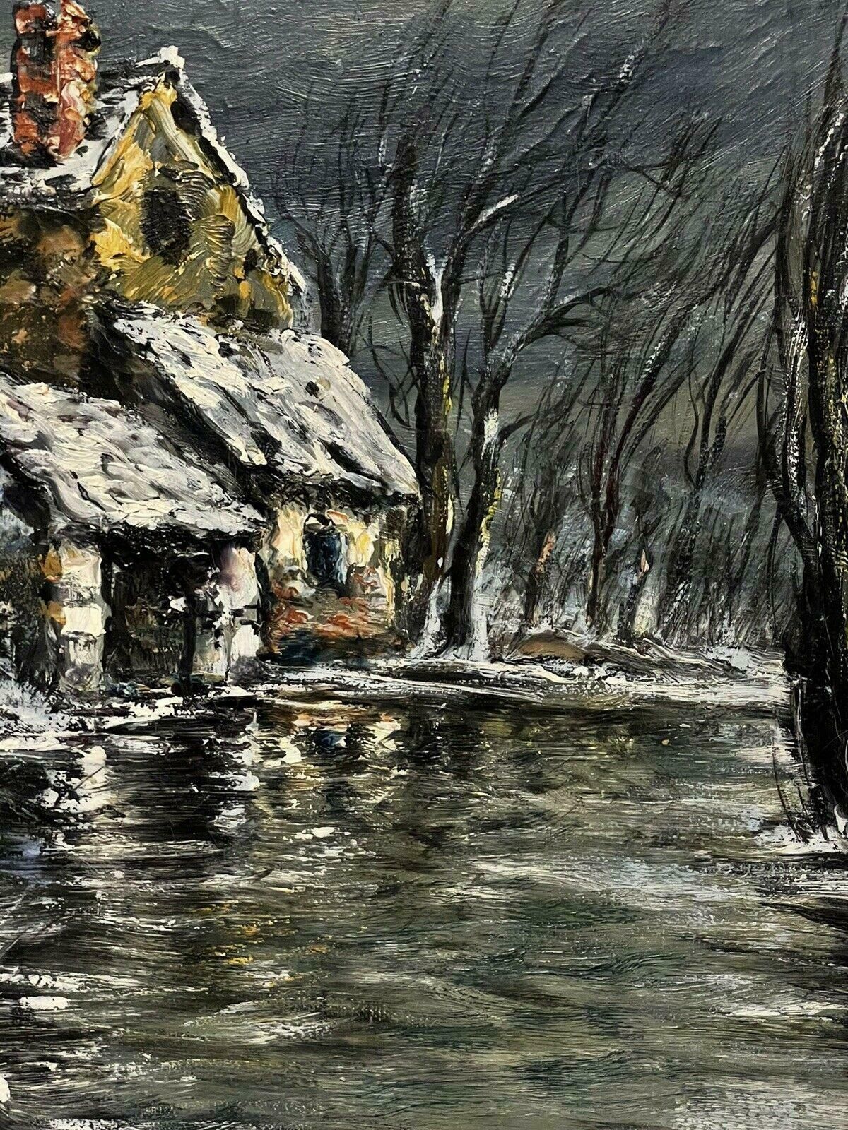 Raymond Besse1950's French Village In Winter River Landscape Signed Impressionist Oilc. 1950's photo 1487.0