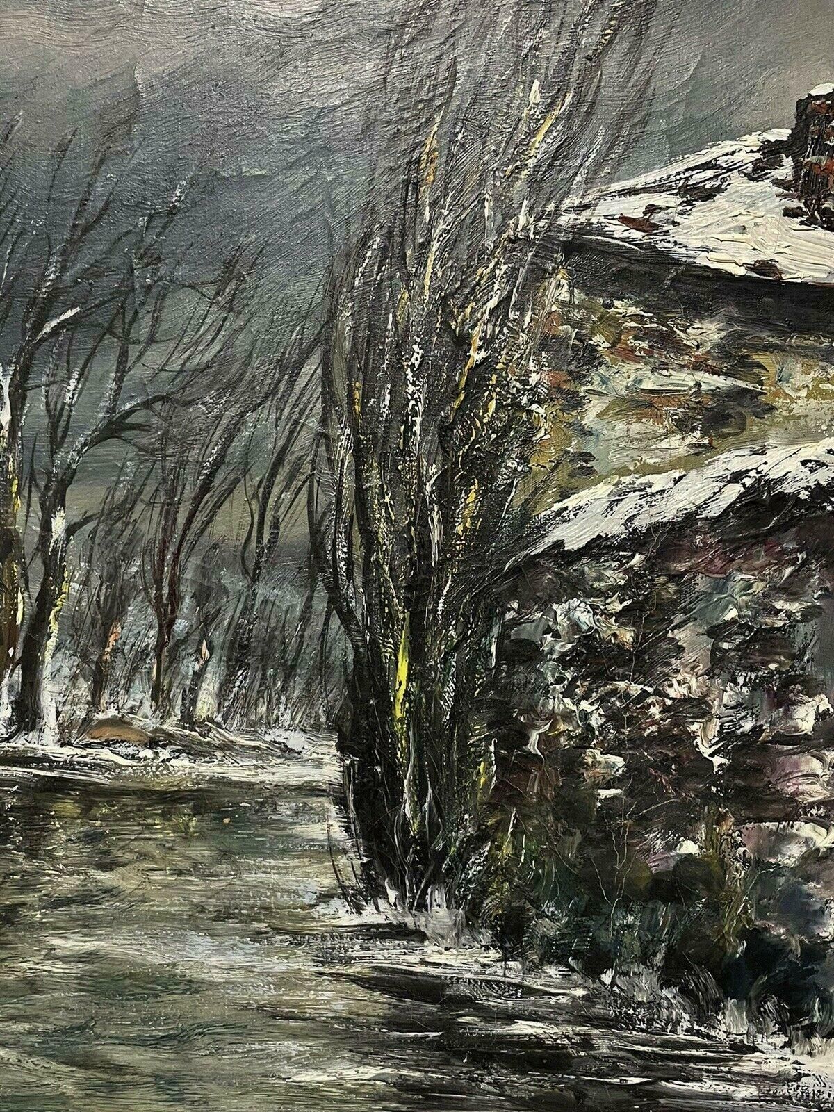 Raymond Besse1950's French Village In Winter River Landscape Signed Impressionist Oilc. 1950's photo vinterior