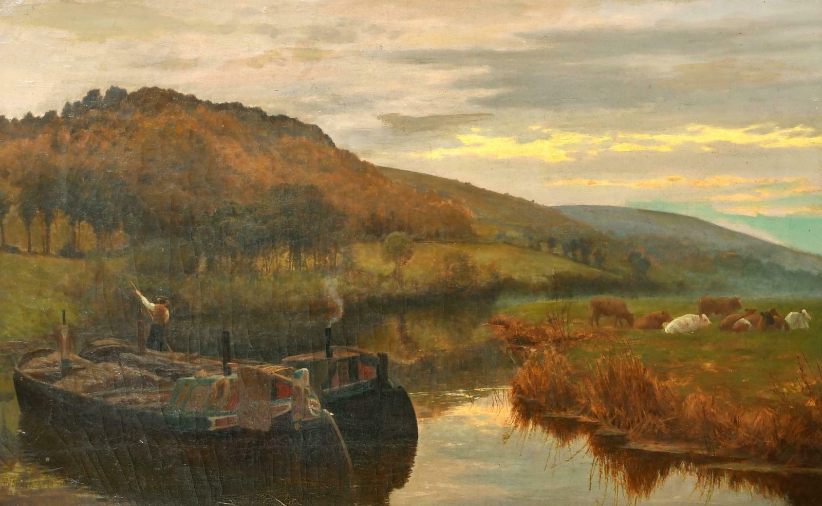 19th Century English Schoolvictorian Oil Painting Barge Boats By Pastoral River Sunset Cattle Grazing photo furniture