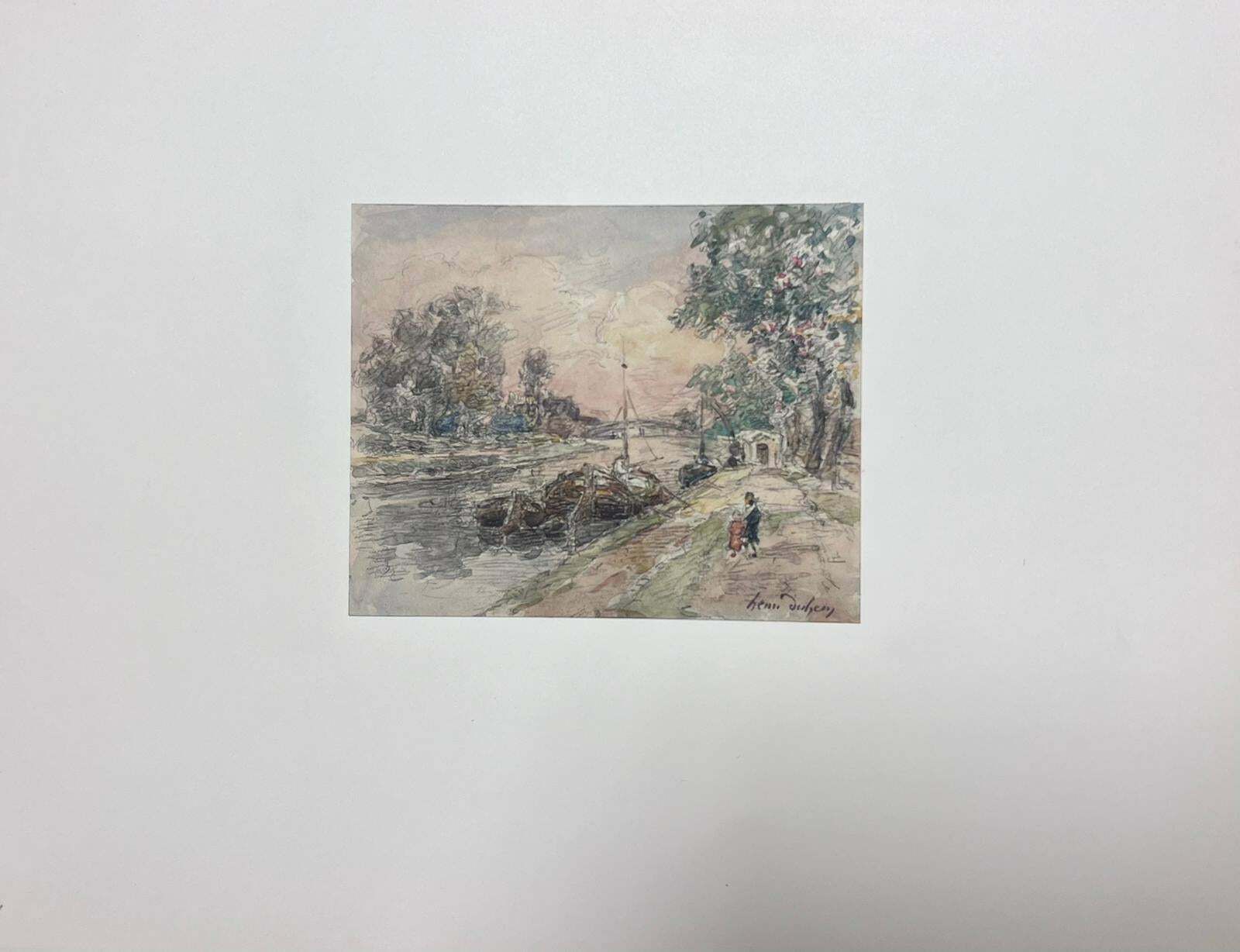 Henri Aime Duhemfine Antique French Impressionist Painting Canal Tow Path With Children & Boats photo furniture
