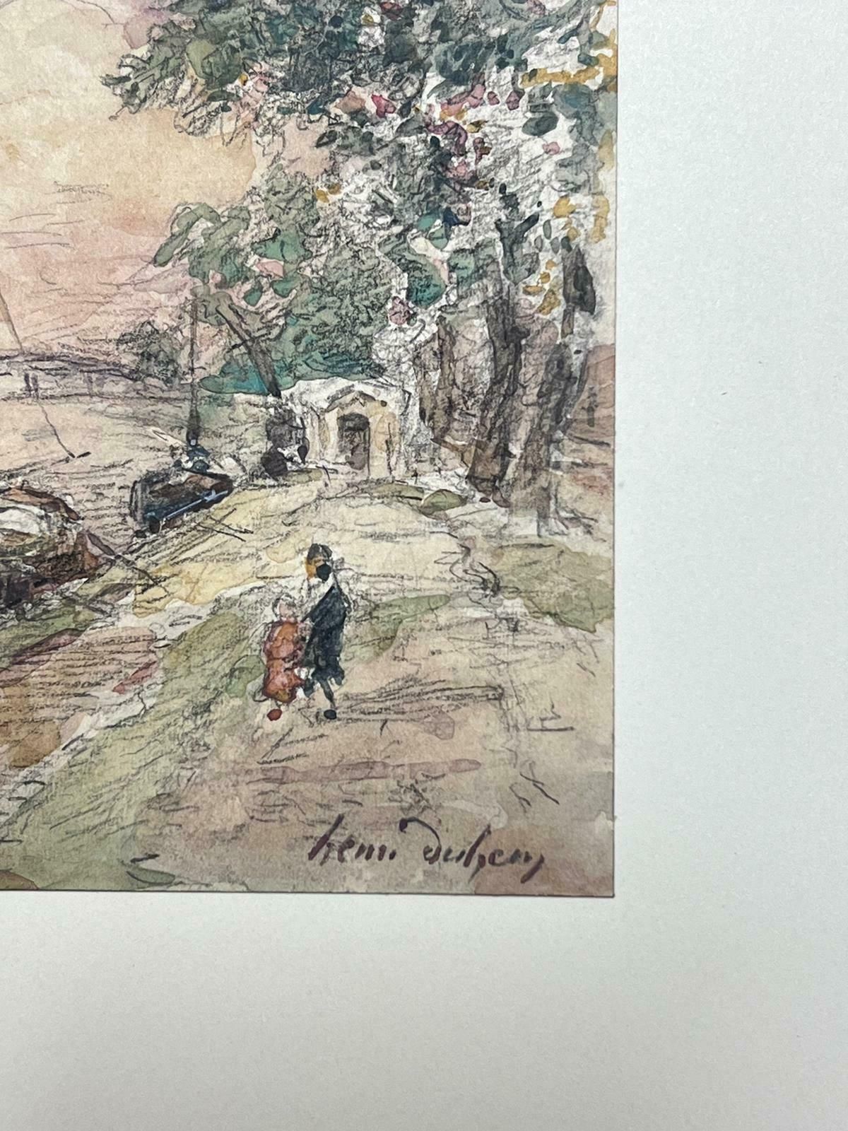 Henri Aime Duhemfine Antique French Impressionist Painting Canal Tow Path With Children & Boats photo Art