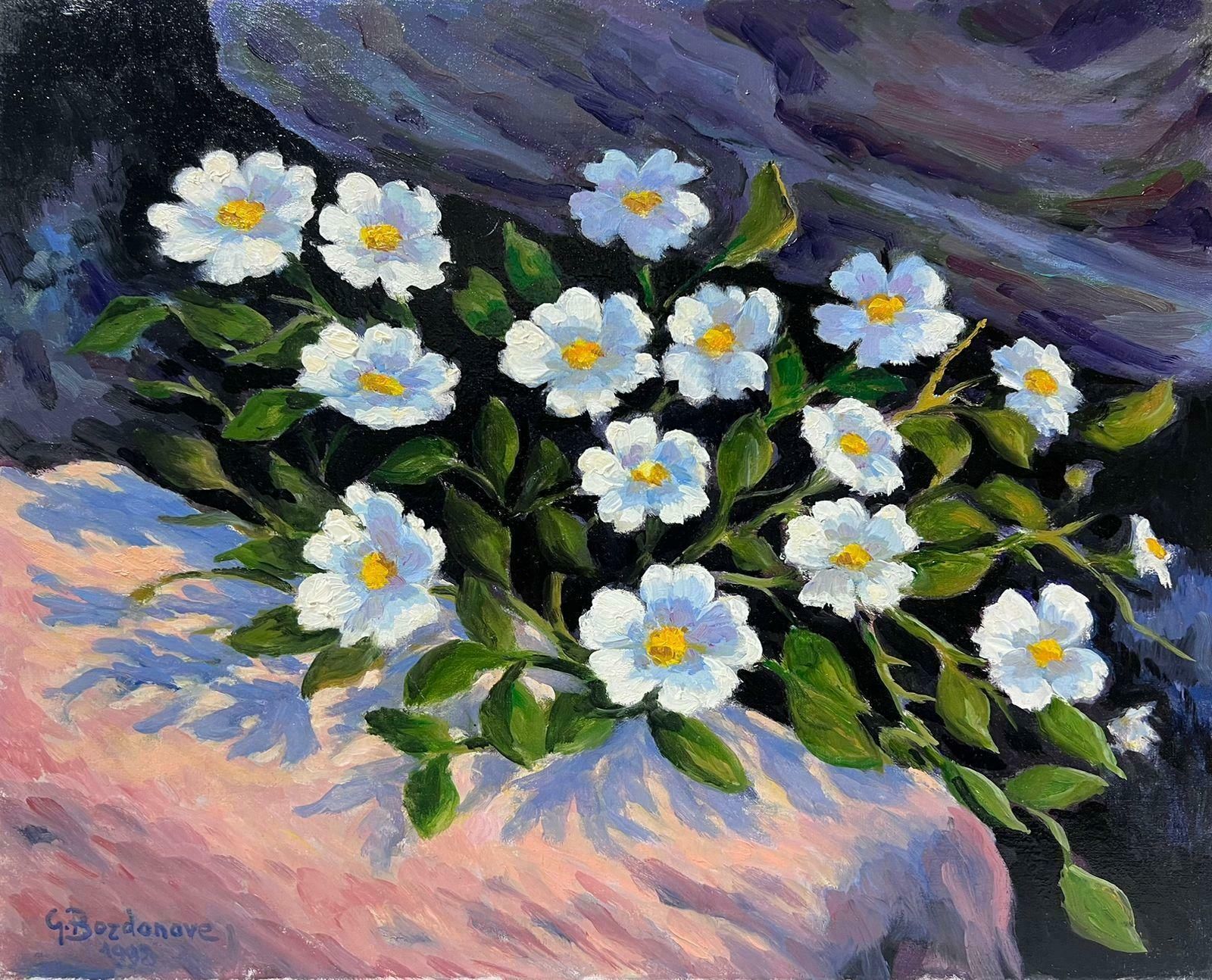 Georges Bordonovecontemporary French Impressionist Oil White Flowers On Rocky Ledge