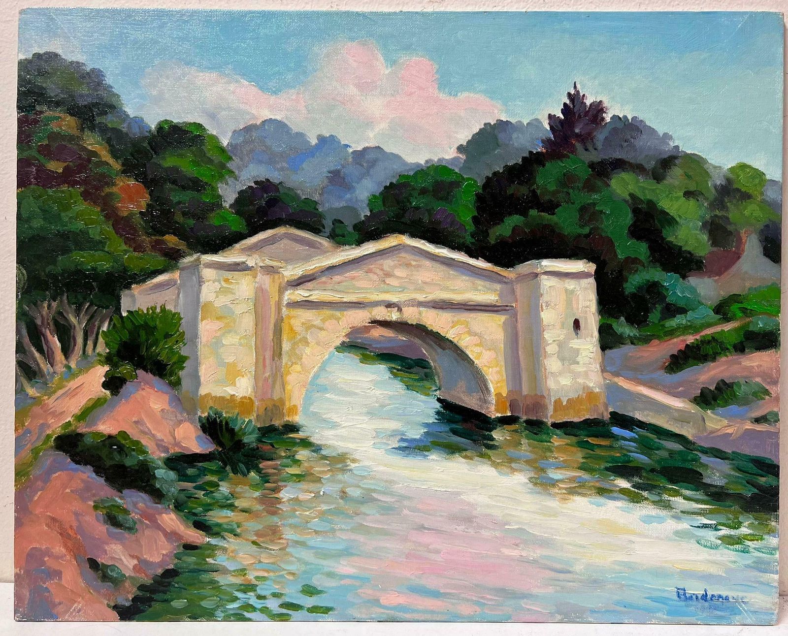 Georges Bordonovecontemporary French Impressionist Oil River With Stone Bridge South Of France photo furniture