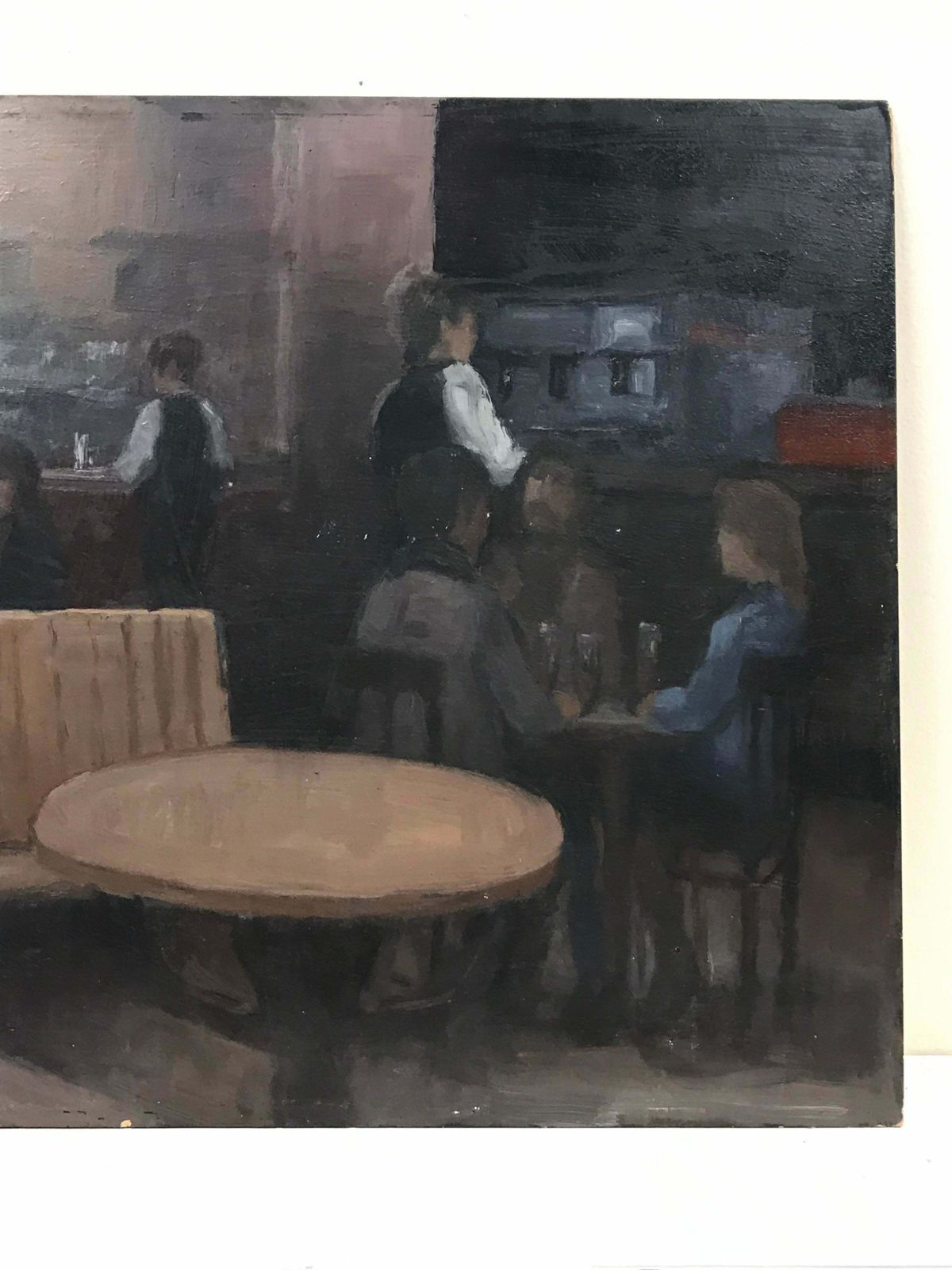French Schoolrestaurant Bistro Bar Interior With Figures Drinking, Signed French Oil Paintingc. 1999 photo for sale