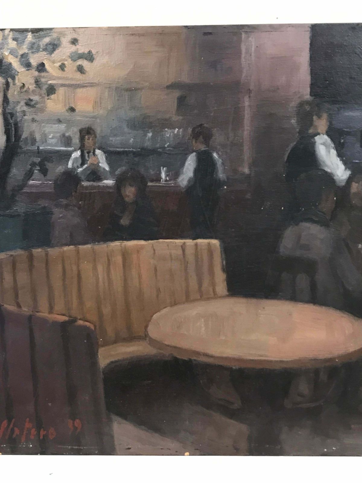French Schoolrestaurant Bistro Bar Interior With Figures Drinking, Signed French Oil Paintingc. 1999 photo Art