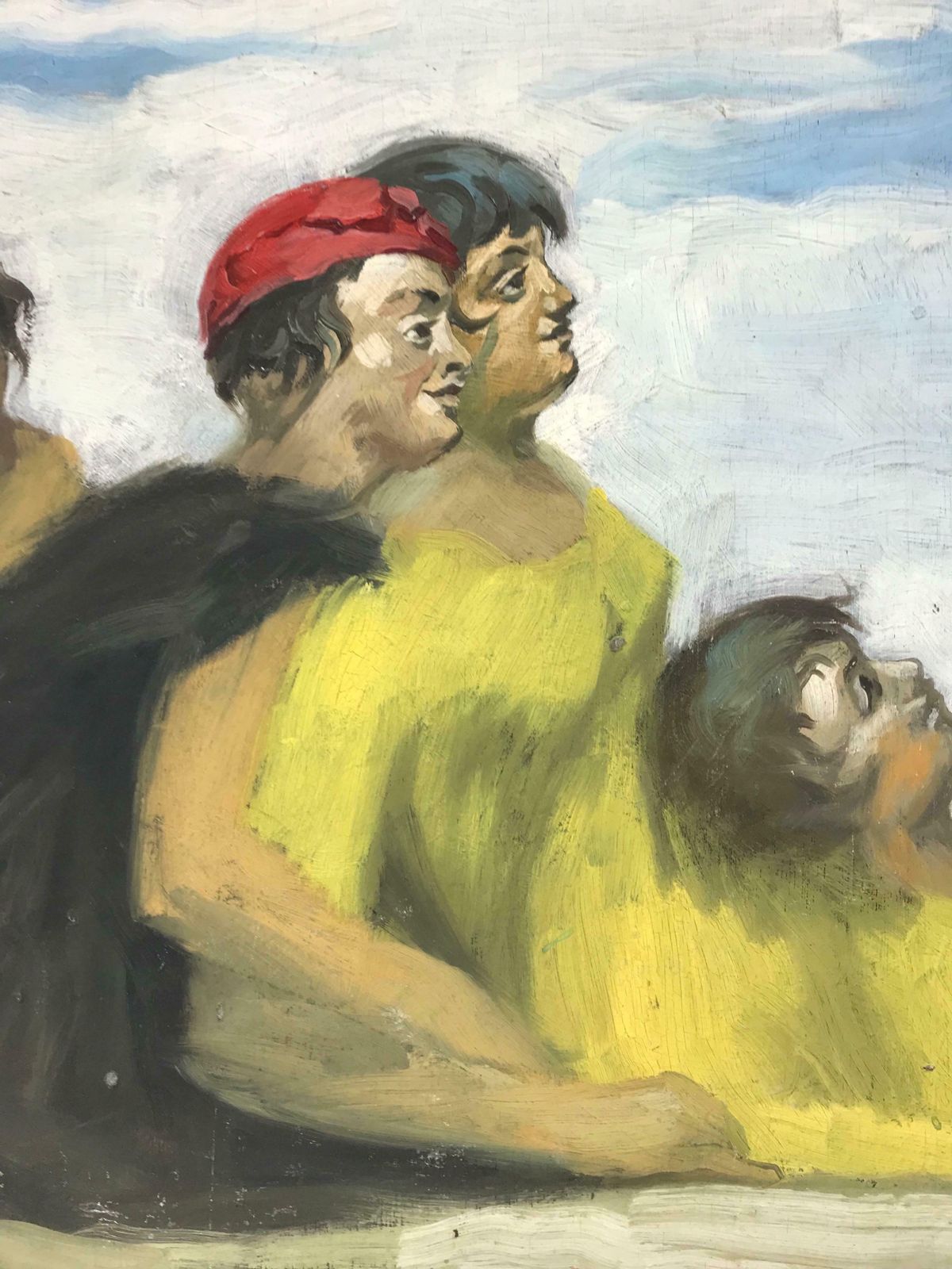 Claude Benard1950's French Modernist Signed Oil Ladies Dressed In Yellow Gazing Upwards photo for sale