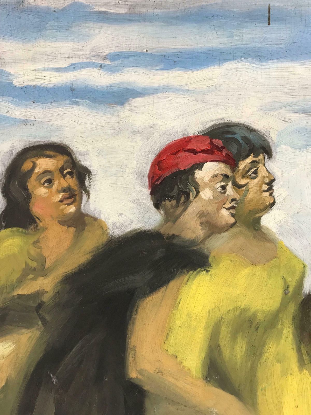 Claude Benard1950's French Modernist Signed Oil Ladies Dressed In Yellow Gazing Upwards photo Art