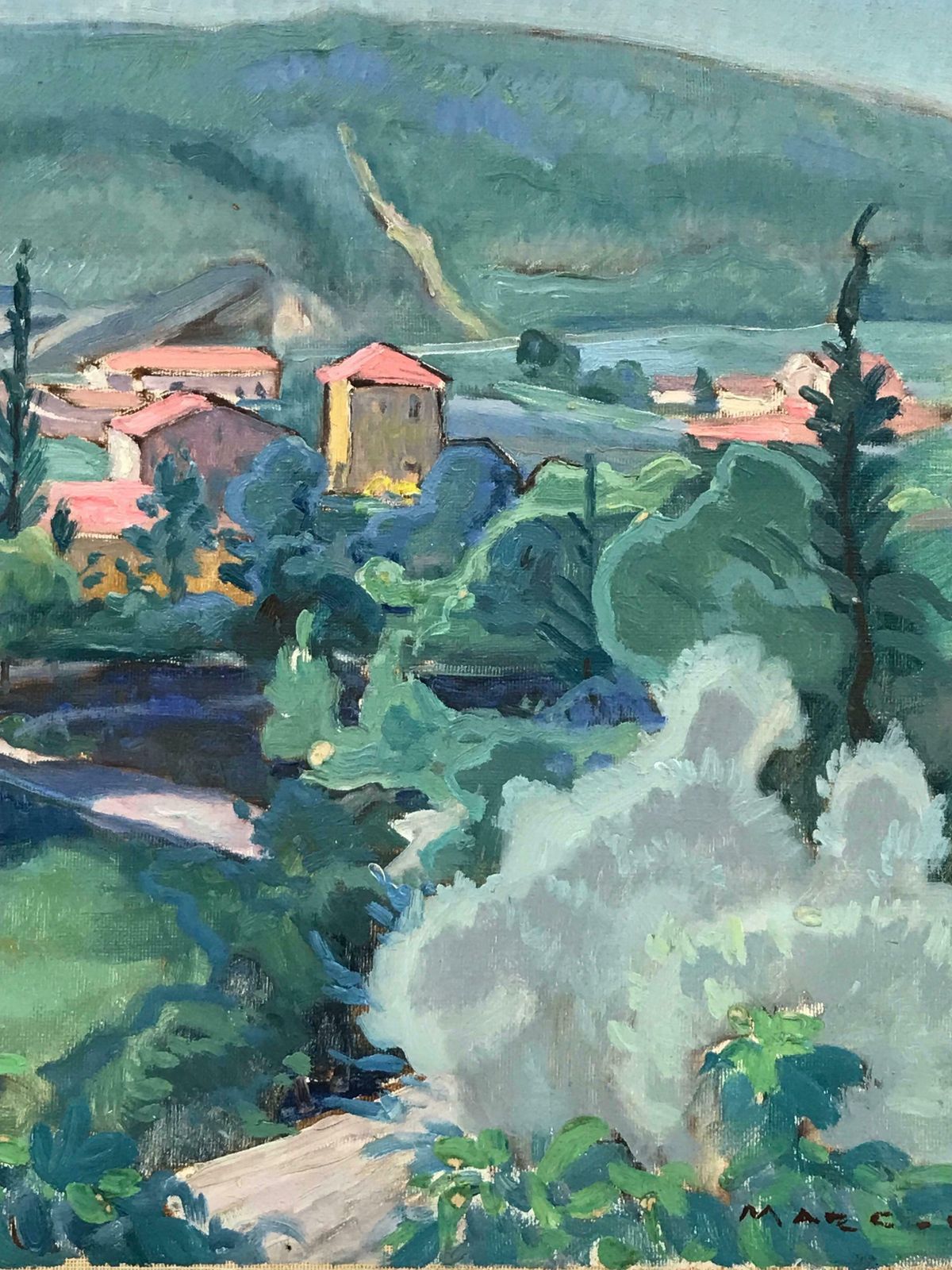 French School1930s French Fauvist Oil Painting   Far Reaching Provencal Landscape Pink Houses photo for sale