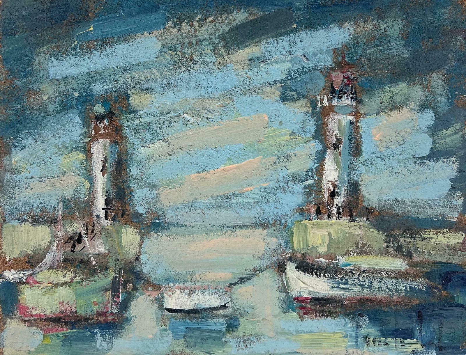 Fanch Leltwin Lighthouses Standing Tall Over A Calm Blue Seascape With Boats At Anchor20th Century photo vinterior