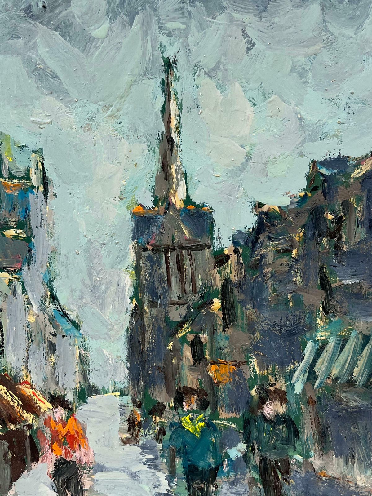 Fanch Lel Figures Walking Beneath A Towering Spire In A Grey Quaint French Cityscape Oil20th Century photo for sale