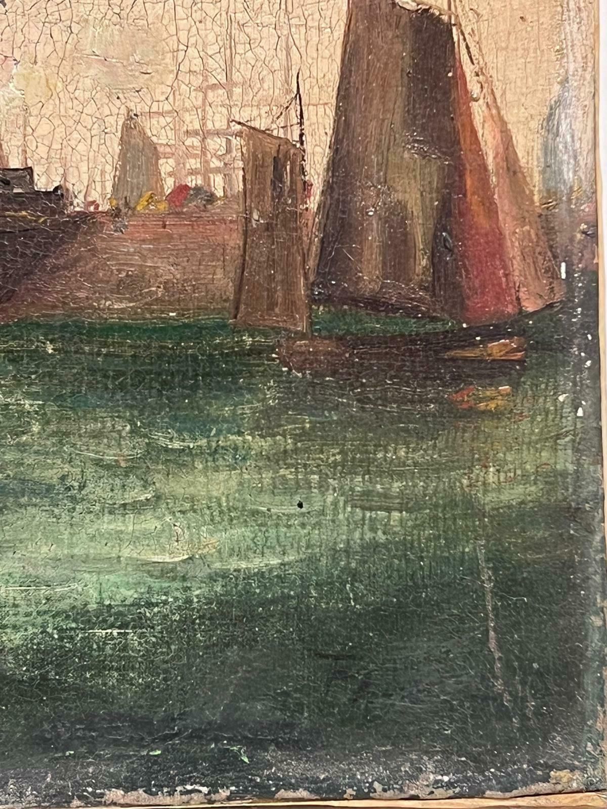 Unknownantique English Oil Painting Classic Tall Ships Marine Harbour Scene Sunrise photo furniture