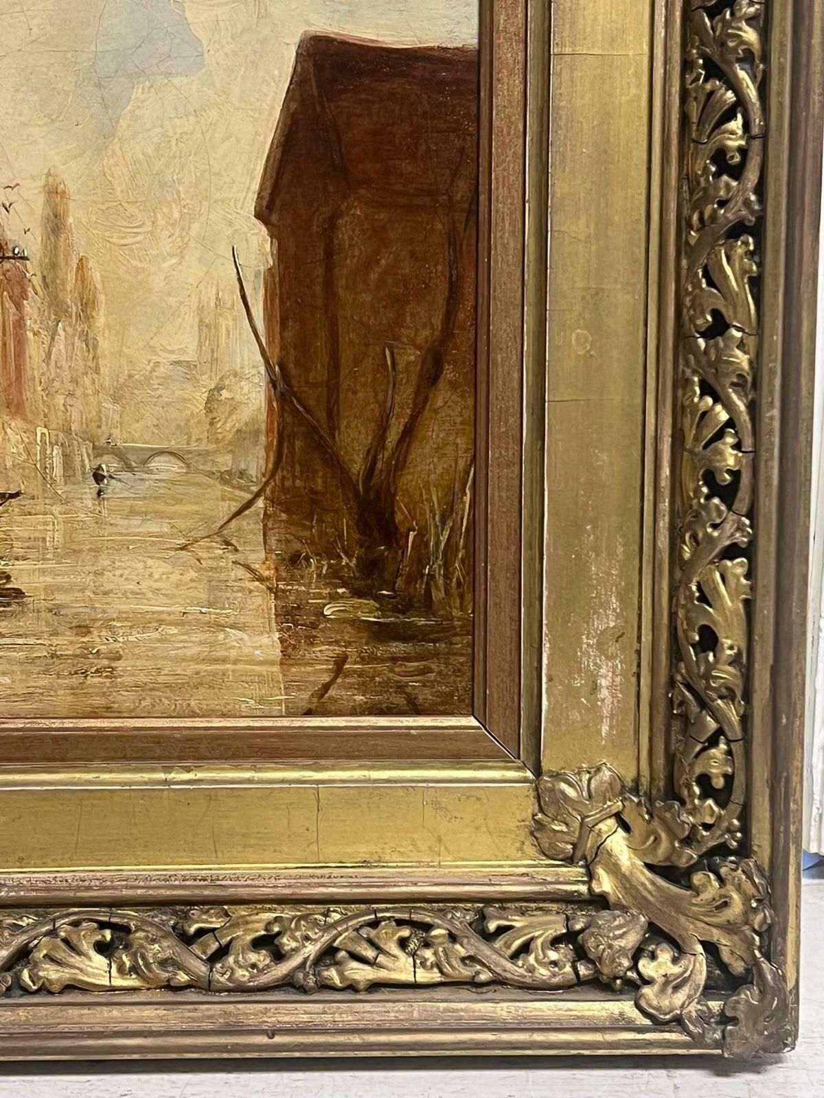 Victorian Oil Painting Figures In Boat City River Scene Backwater photo Art
