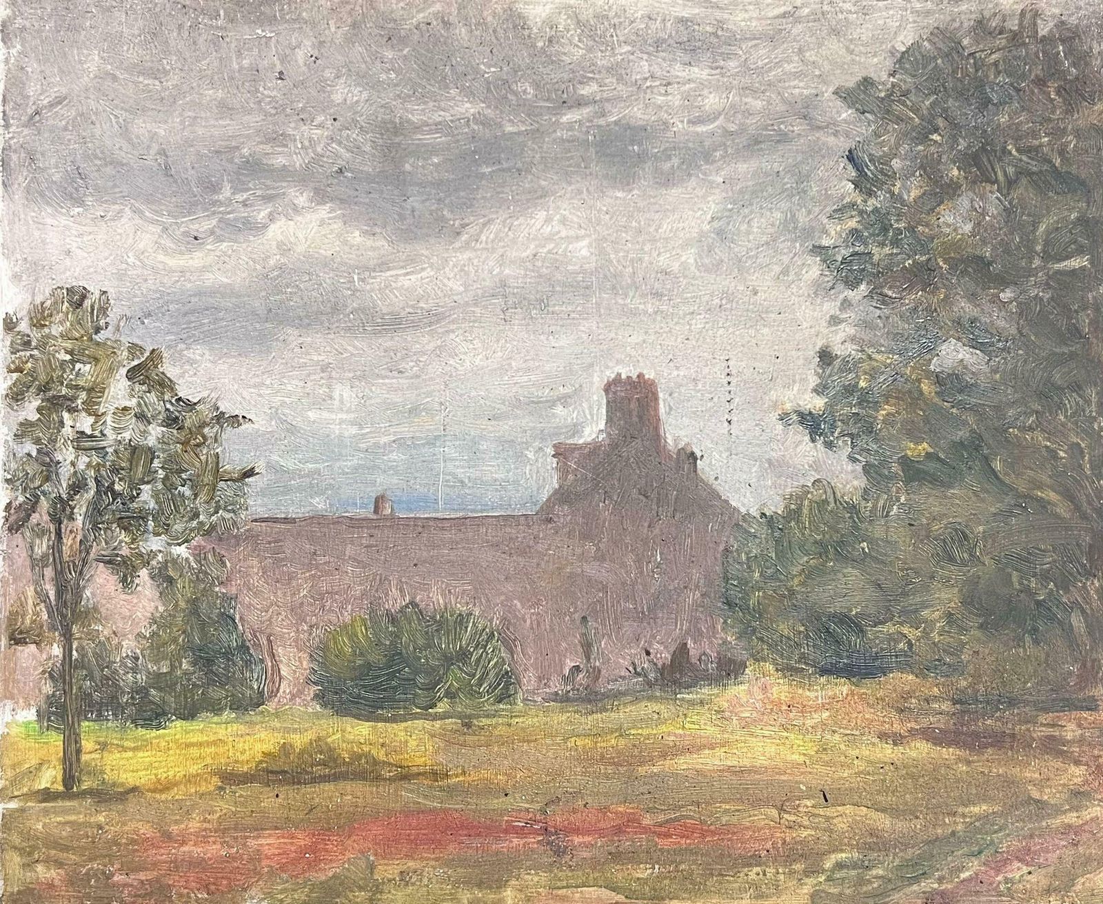 French School1930's French Impressionist Oil Sketch On Board Farmhouse In Landscape1930's