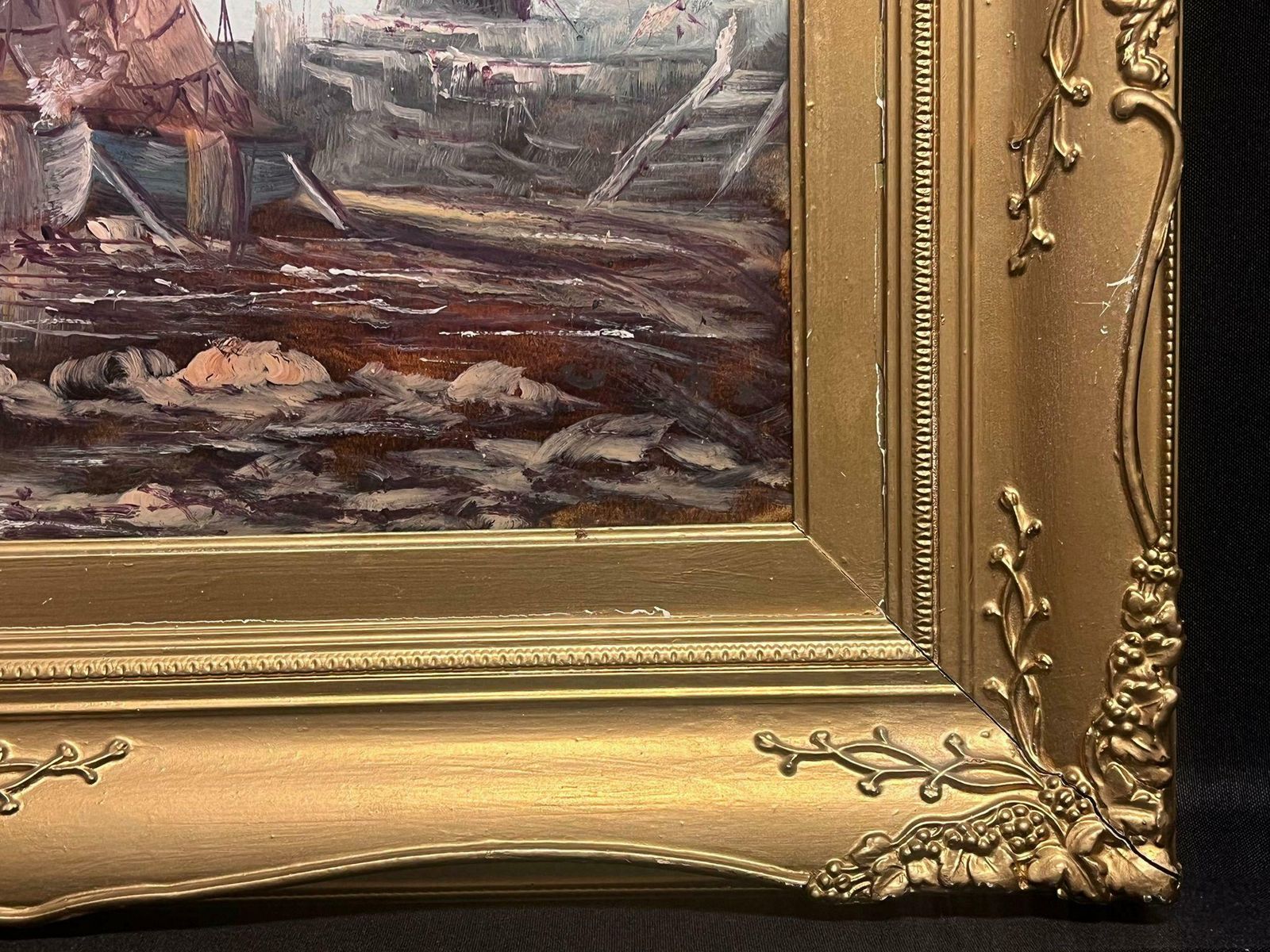 Unknownantique British Marine Oil Painting Fishing Boats In Old Harbour Gilt Framed photo vinterior