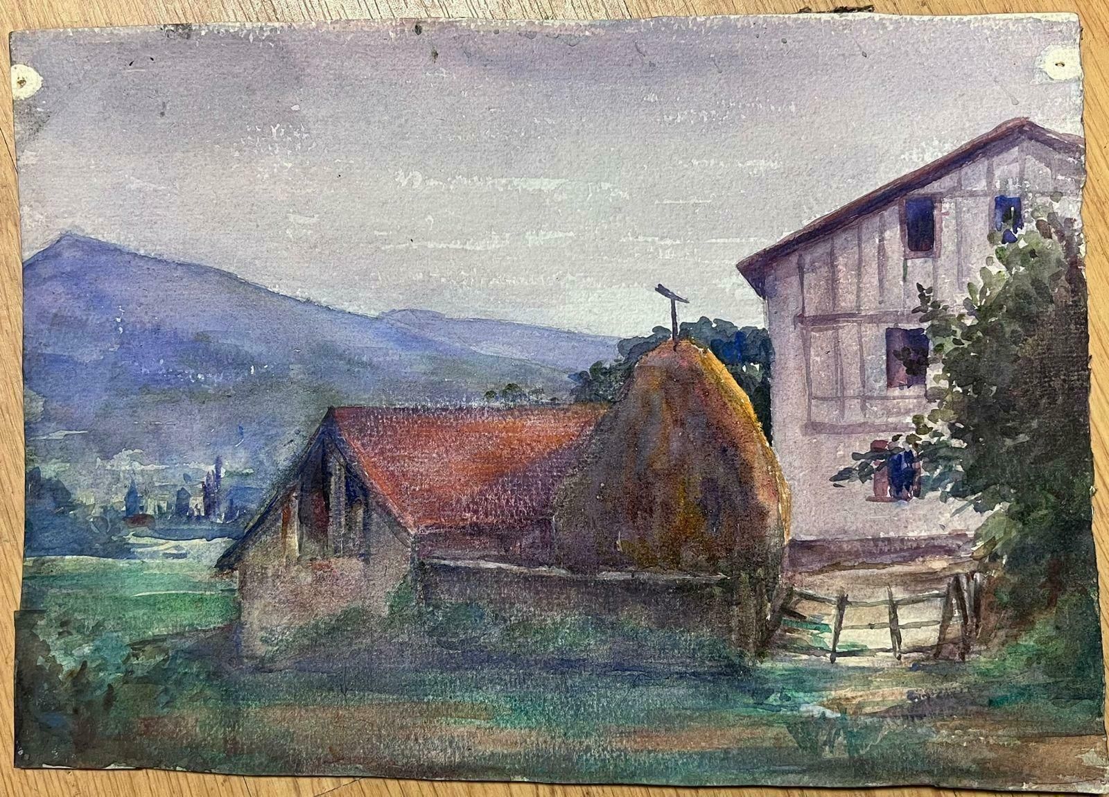 Louise Alix1930's French Impressionist Red Roof Farm Cottage Watercolour Landscape1940's photo furniture