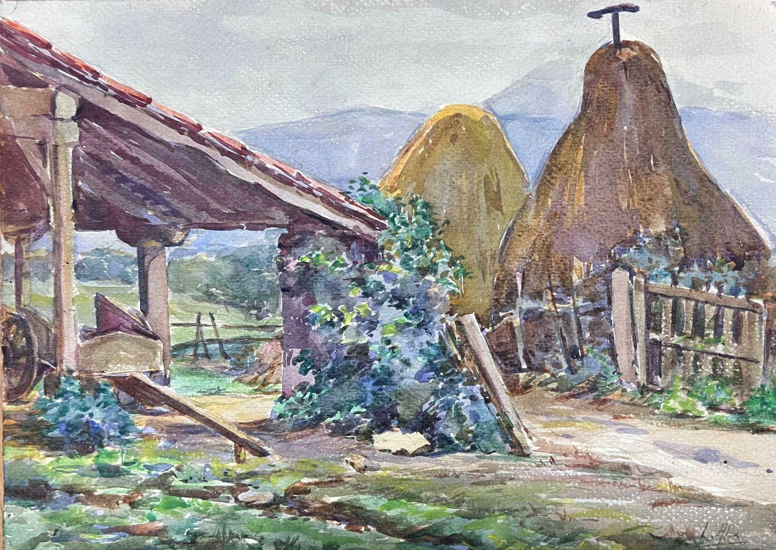 Louise Alix1930's French Impressionist Watercolour Back Yard Of The Farm Landscape1940's