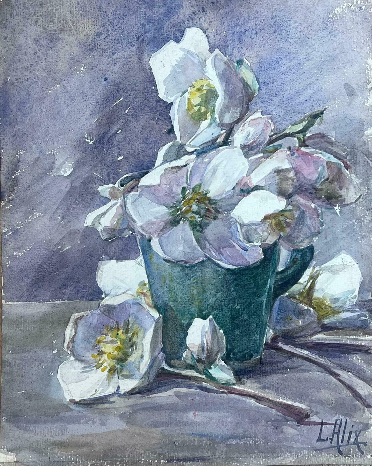 Louise Alix1930's French Impressionist White Flowers In Vase Grey Still Life1930's