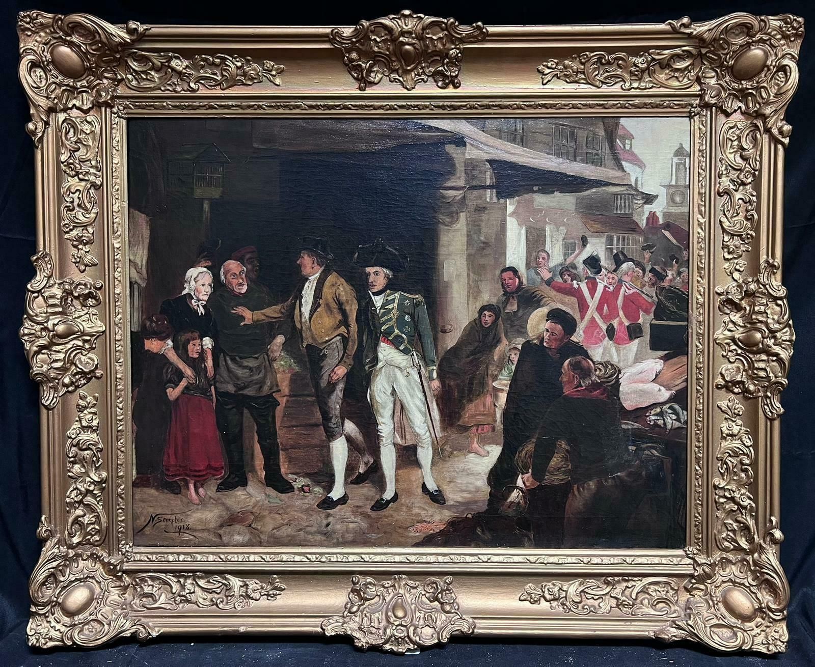 English Antique Oil Admiral Lord Nelson In Village High Street With Crowds Signed Antique Oil