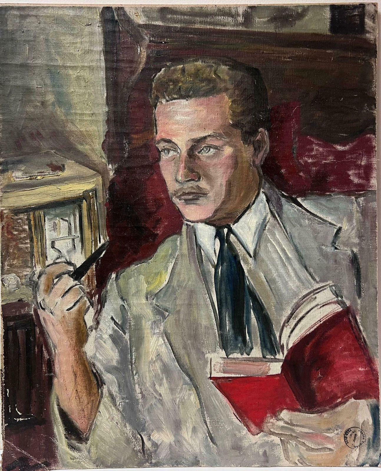 Josine Vignon1950s French Post Impressionist Oil Painting Portrait Of Dapper Man Smoking Pipe1960's photo furniture
