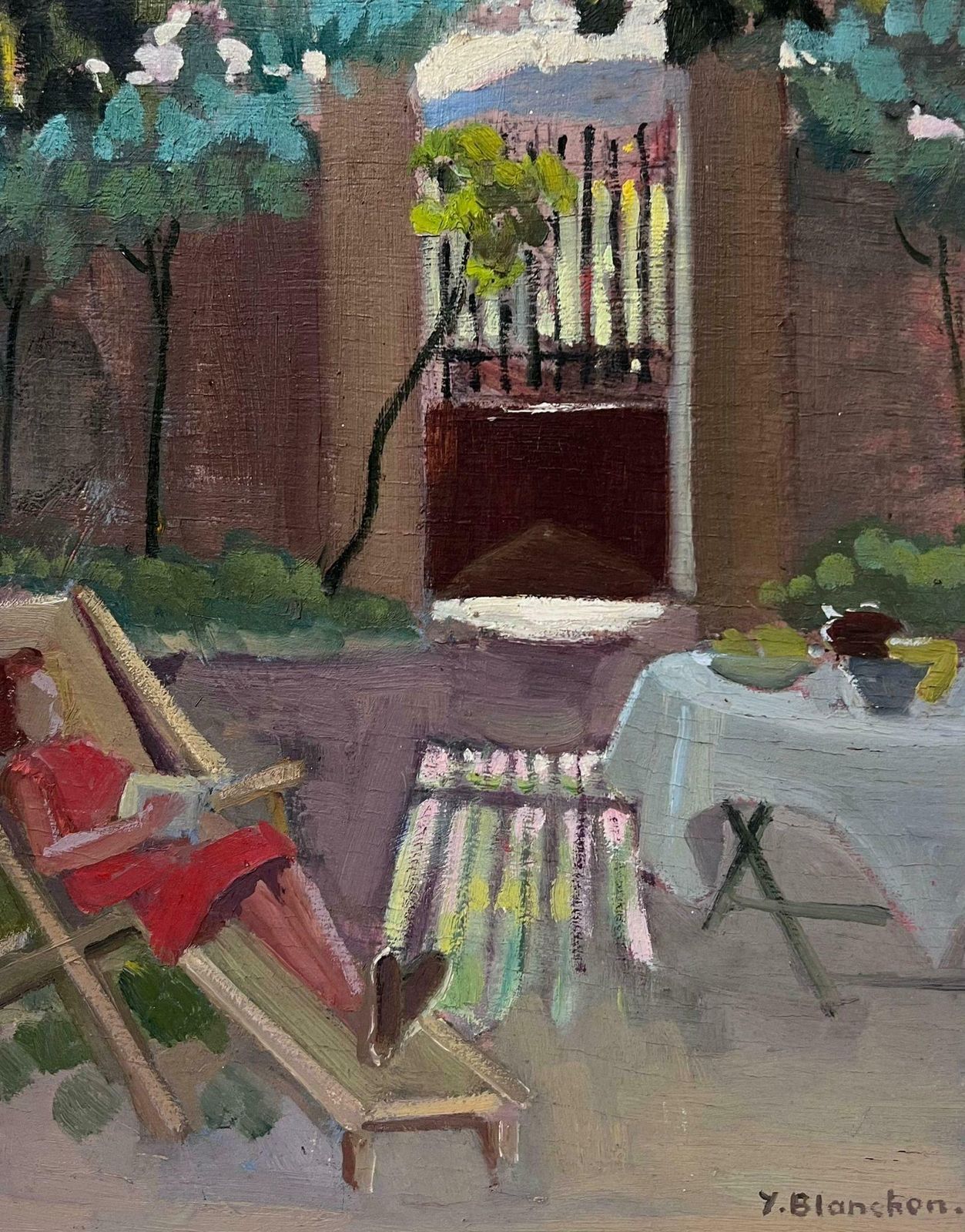 Y. Blanchon1930's French Impressionist Lady In Red Dress Lounging In The Garden Shade1930's photo furniture
