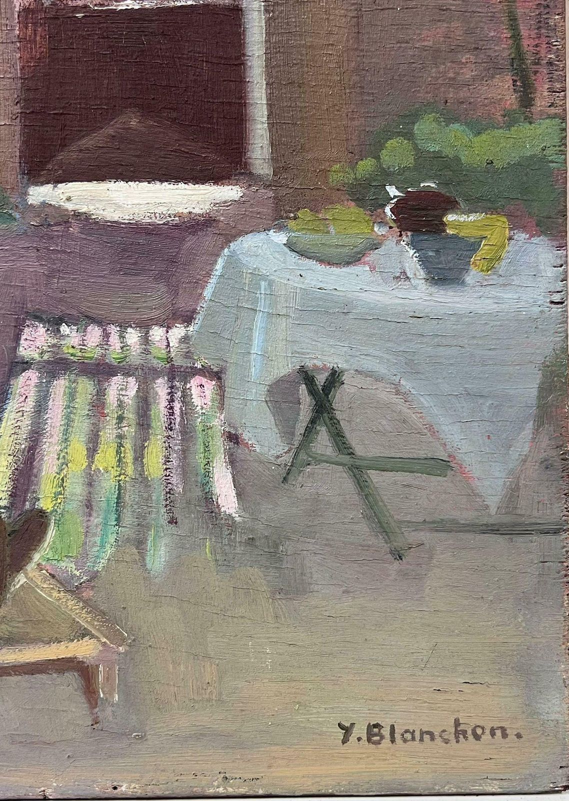 Y. Blanchon1930's French Impressionist Lady In Red Dress Lounging In The Garden Shade1930's photo for sale