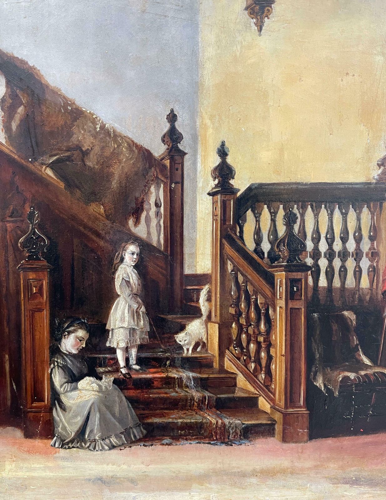 Victorian Schoolfine 19th Century Interior Scene Baronial Hallway Children Playing On Staircase
