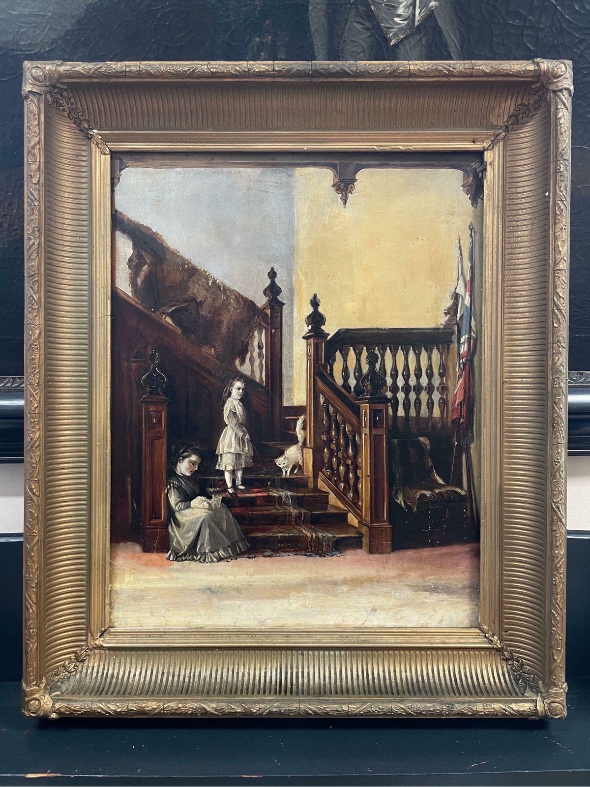 Victorian Schoolfine 19th Century Interior Scene Baronial Hallway Children Playing On Staircase photo furniture