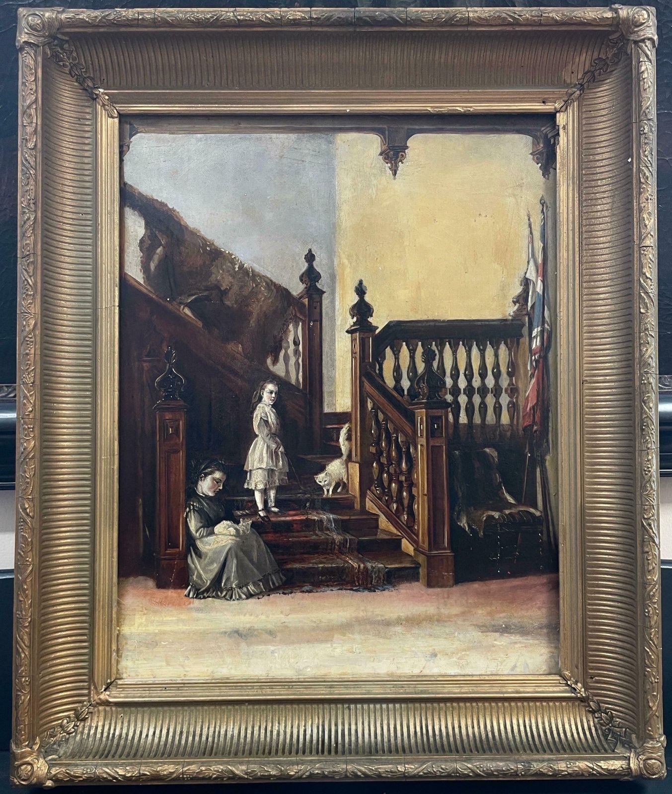 Victorian Schoolfine 19th Century Interior Scene Baronial Hallway Children Playing On Staircase photo for sale