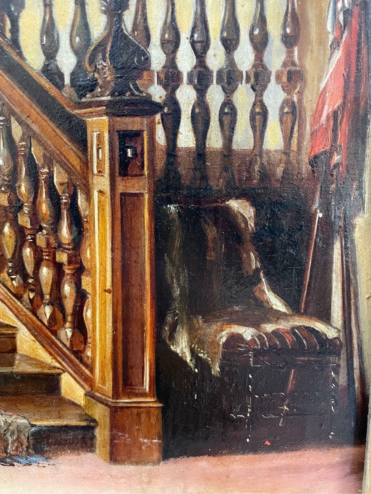 Victorian Schoolfine 19th Century Interior Scene Baronial Hallway Children Playing On Staircase photo 1487.0