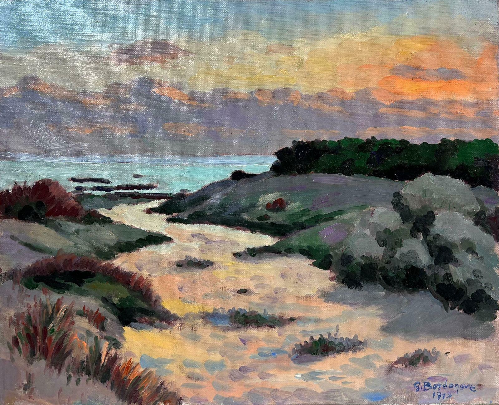 Georges Bordonovecontemporary French Impressionist Oil Sunset Over Sea Sand Dunes Beach Pathway