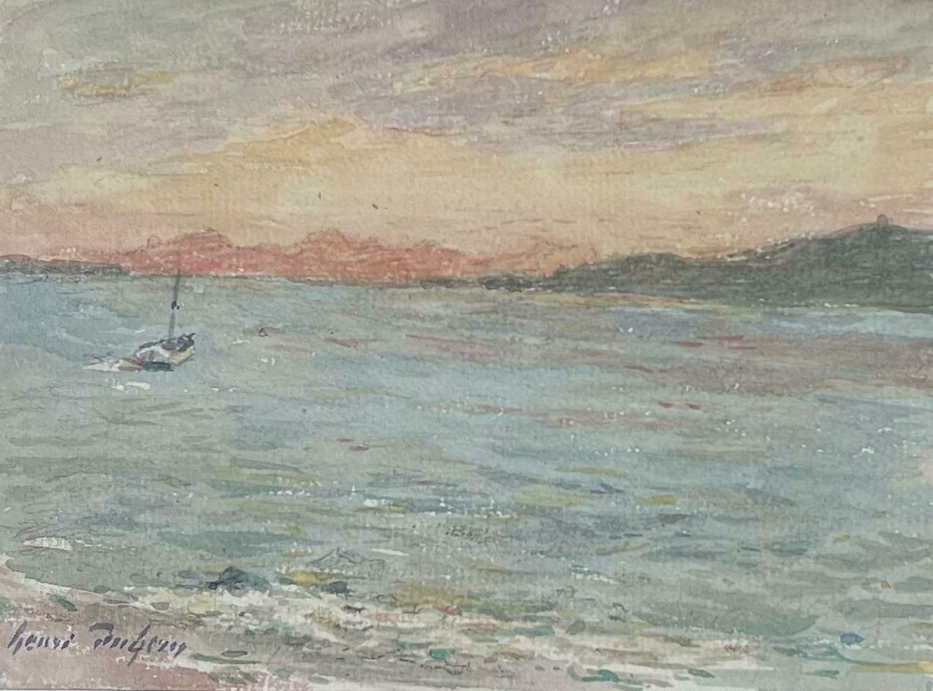 Henri Aime Duhemfine Antique French Impressionist Painting Coastal Seascape With Boat At Sunset