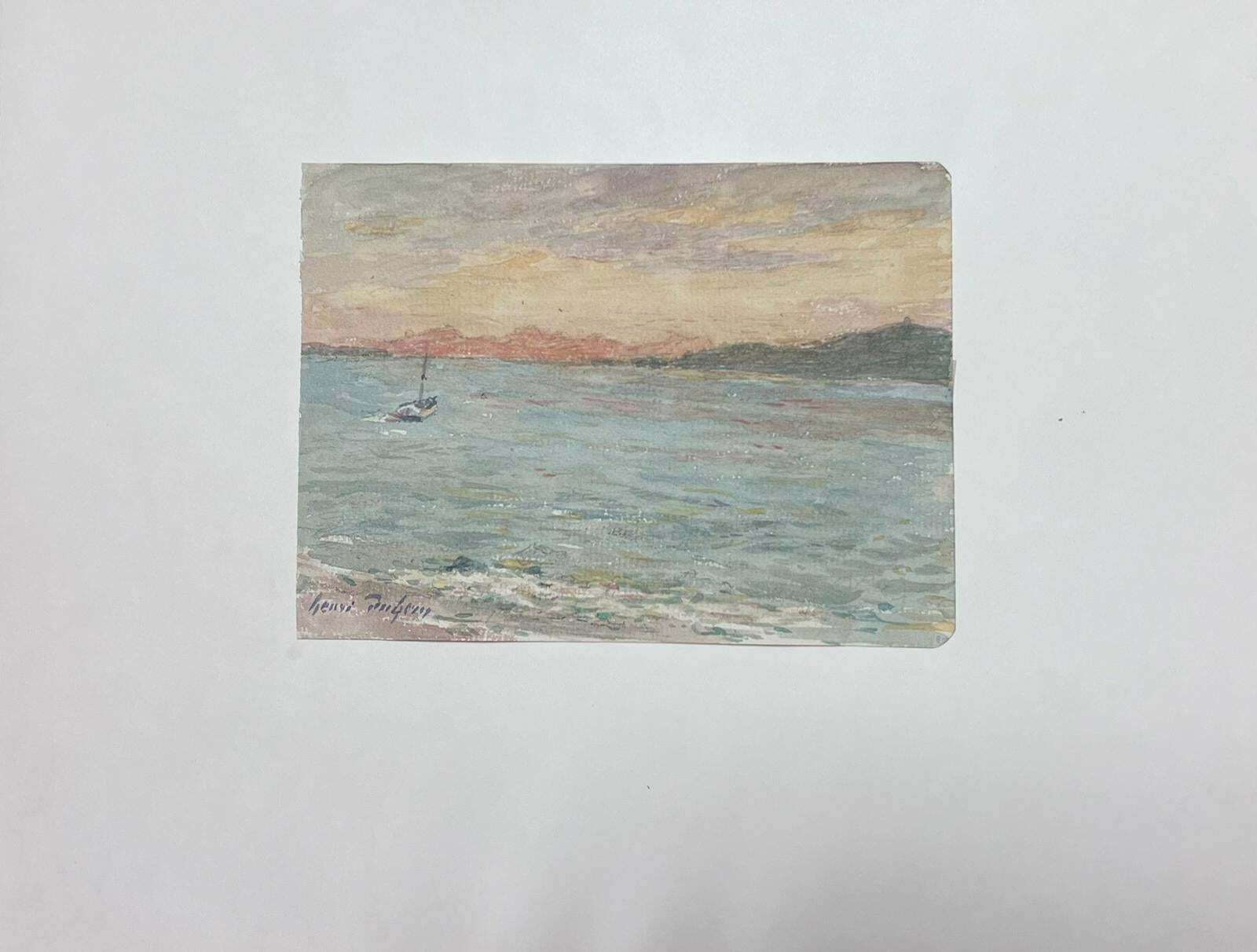 Henri Aime Duhemfine Antique French Impressionist Painting Coastal Seascape With Boat At Sunset photo furniture