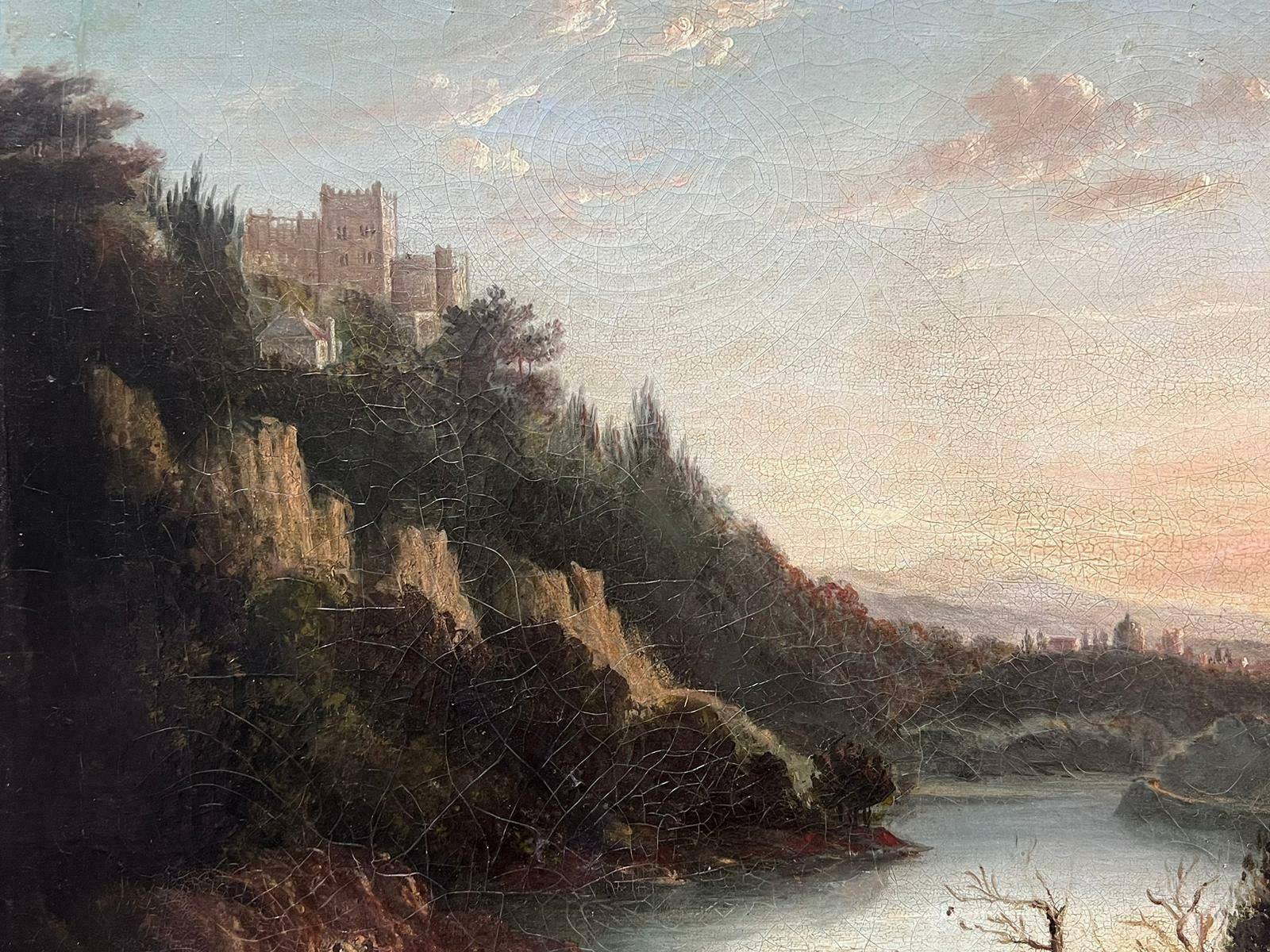 Scottish 19th Centuryantique 19th Century Scottish Oil Painting Castle On Hill Overlooking River photo 1436.0