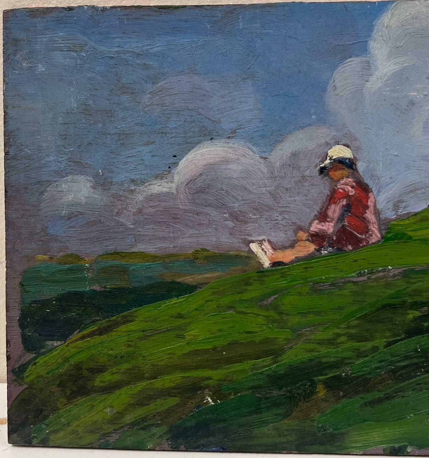 Louise Alixmid 20th Century Oil Figure Sat On Green Hill Admiring The Blue Cloudy Sky1940's photo for sale