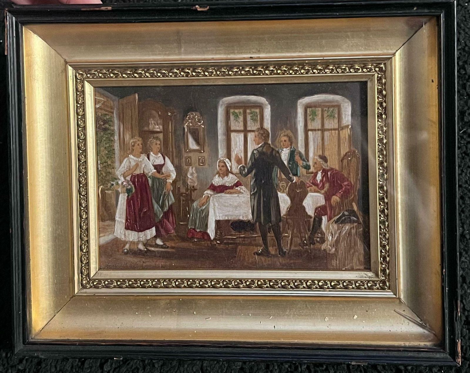 Victorian Schoolvictorian Interior With Several Figures Antique English Oil Painting photo furniture