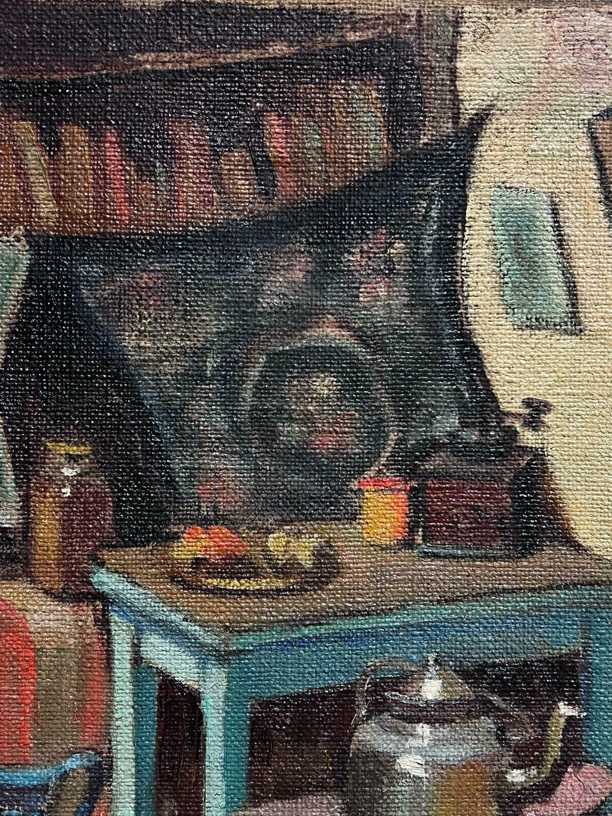 Mid 20th Century French Schoolfrench 1950's Interior Room Scene Woodburner Stove Attic Room Oil Painting photo furniture