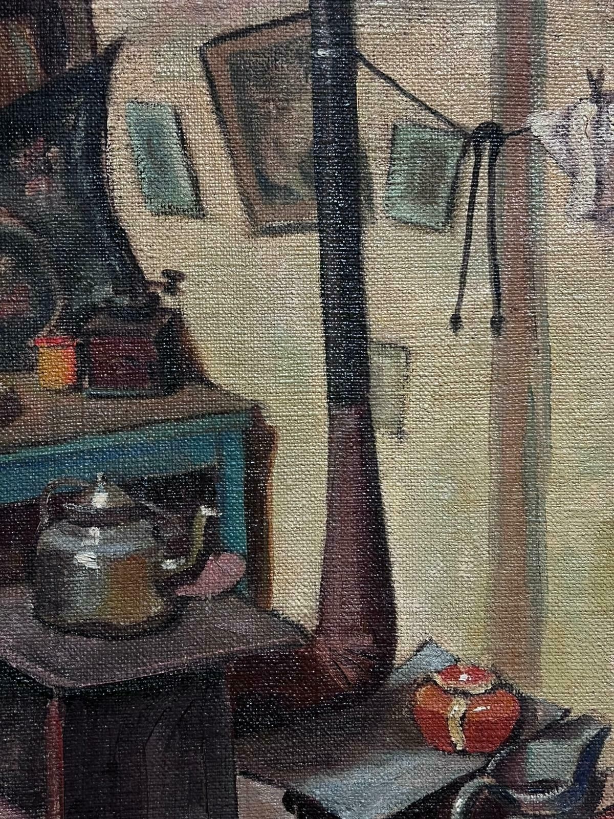Mid 20th Century French Schoolfrench 1950's Interior Room Scene Woodburner Stove Attic Room Oil Painting photo for sale