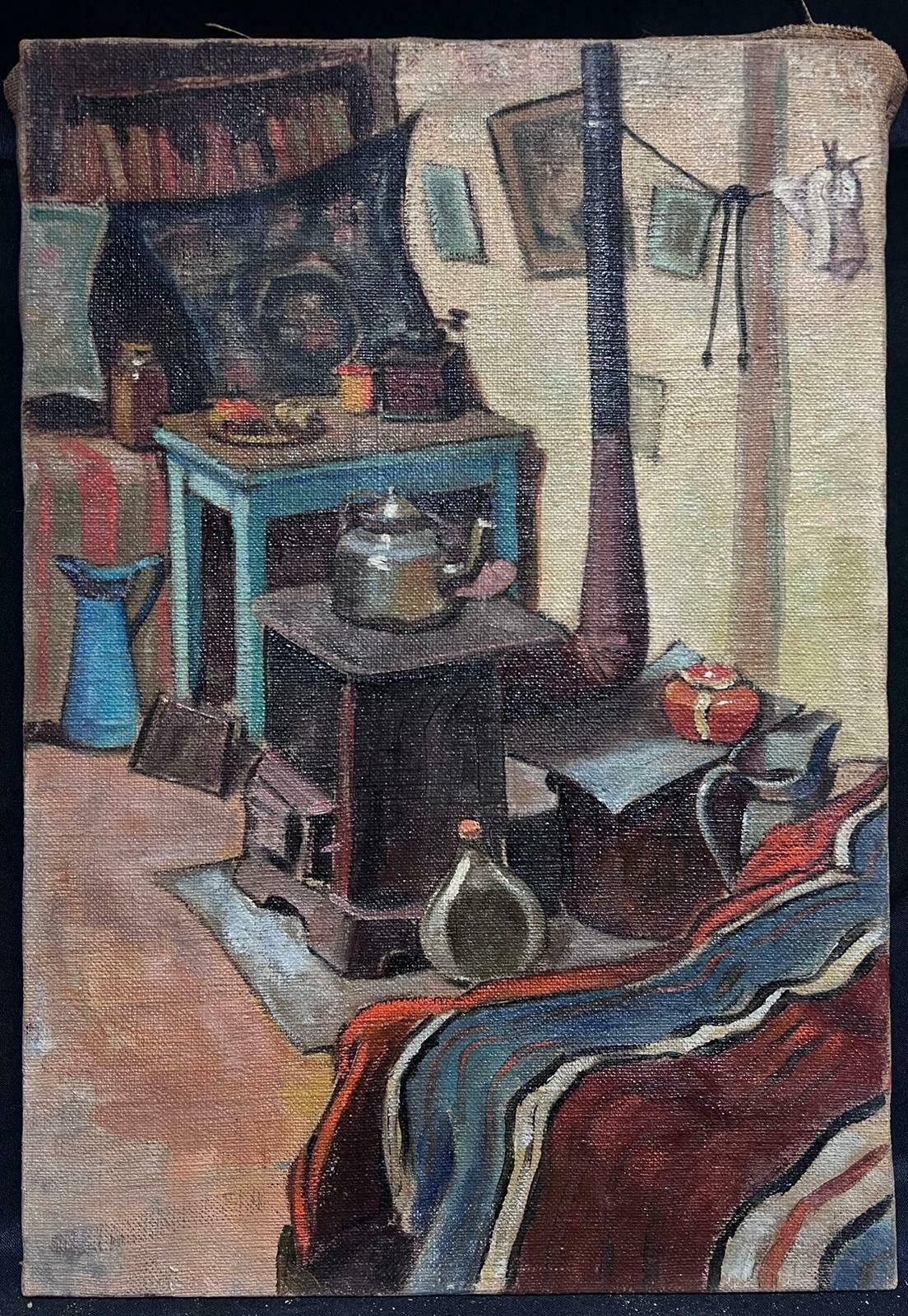 Mid 20th Century French Schoolfrench 1950's Interior Room Scene Woodburner Stove Attic Room Oil Painting photo Art