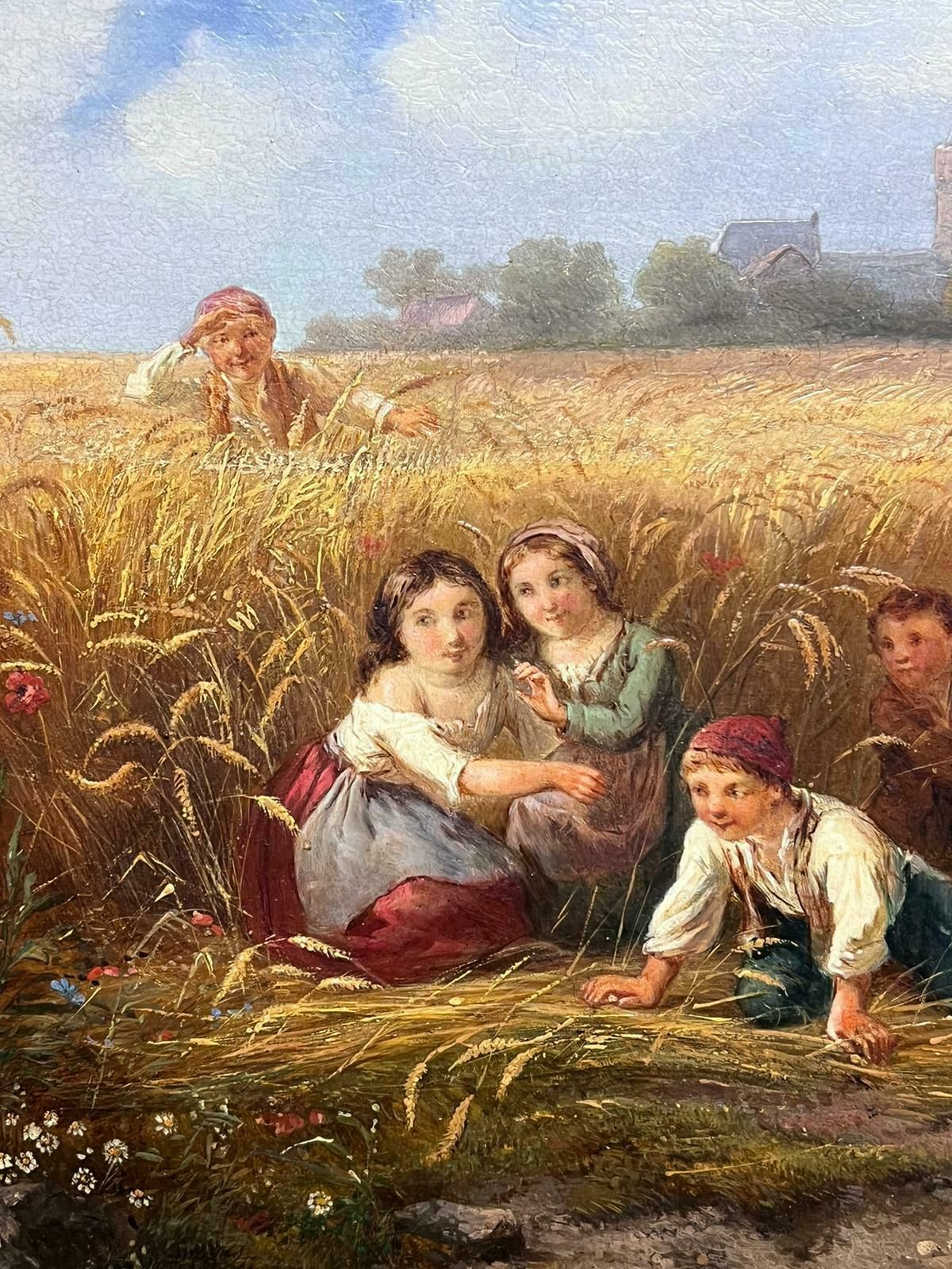 French 19th Centurytraditional 19th Century French Signed Oil Painting Children Playing In Harvest photo 1534.0