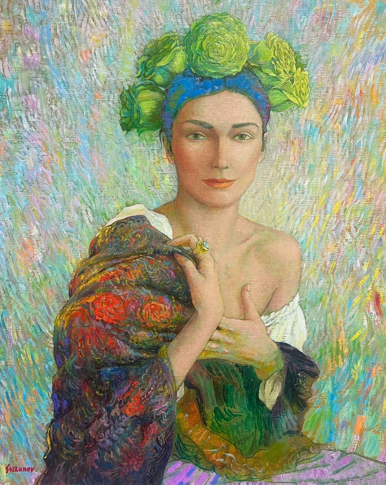 Russian Contemporaryfine Russian Symbolist Signed Oil Painting Portrait Of Young Lady With Headpiece2000