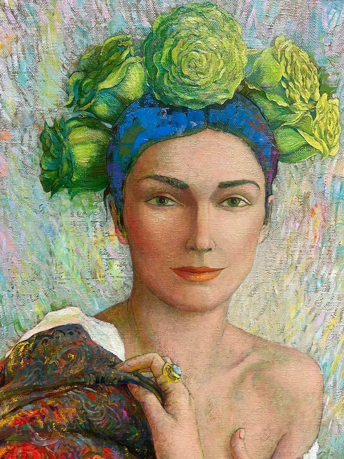 photo for sale Russian Contemporaryfine Russian Symbolist Signed Oil Painting Portrait Of Young Lady With Headpiece2000